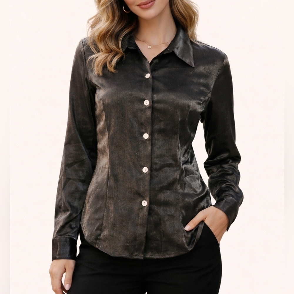 Vtg 1990s DRAPER'S & DAMON'S Gunmetal Metallic Disco Holiday Button Down Shirt
